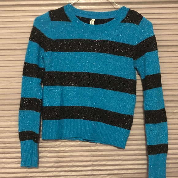 Cool Aeropostale Blue black Stripe Sparkle knit Sweater Long sleeves shimmer top - Picture 4 of 13